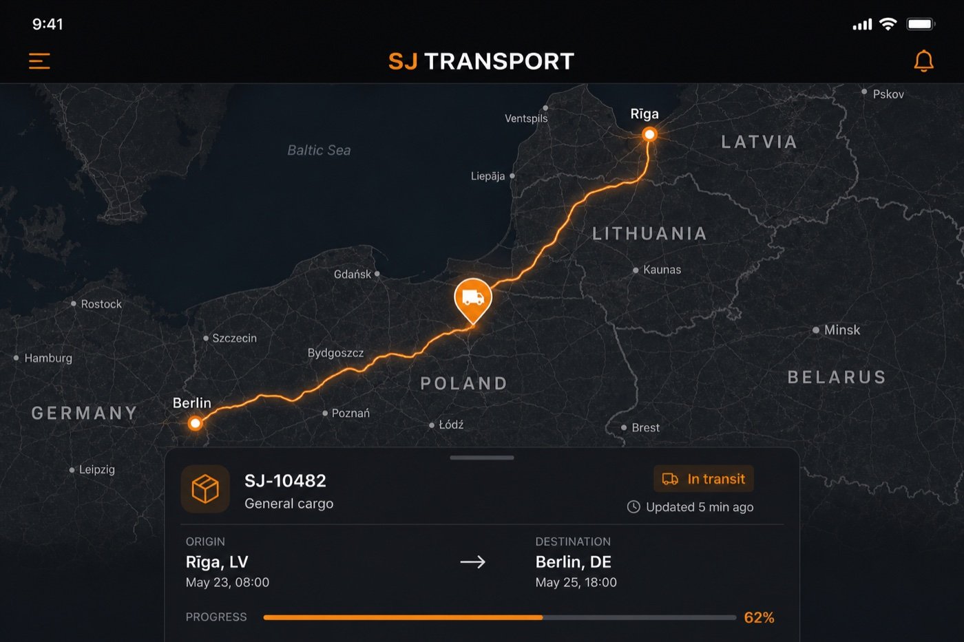 SJ TRANSPORT tracking app — truck in transit from Rīga to Berlin on the map