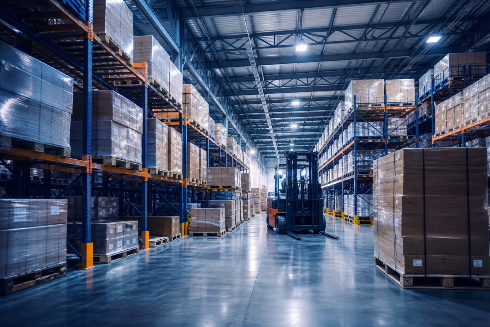 Secured SJ TRANSPORT warehouse aisle with pallet racking